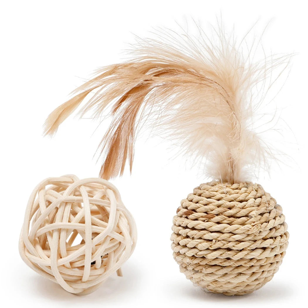 2pcs Cat Toy Pet Rattan Ball Cat Toy Funny Faux Feather Cat Bell Ball Kitten Playing Interactive Ball Toys Pet Supplies Luxe Pet Store | Tiny. Pure. Love. 