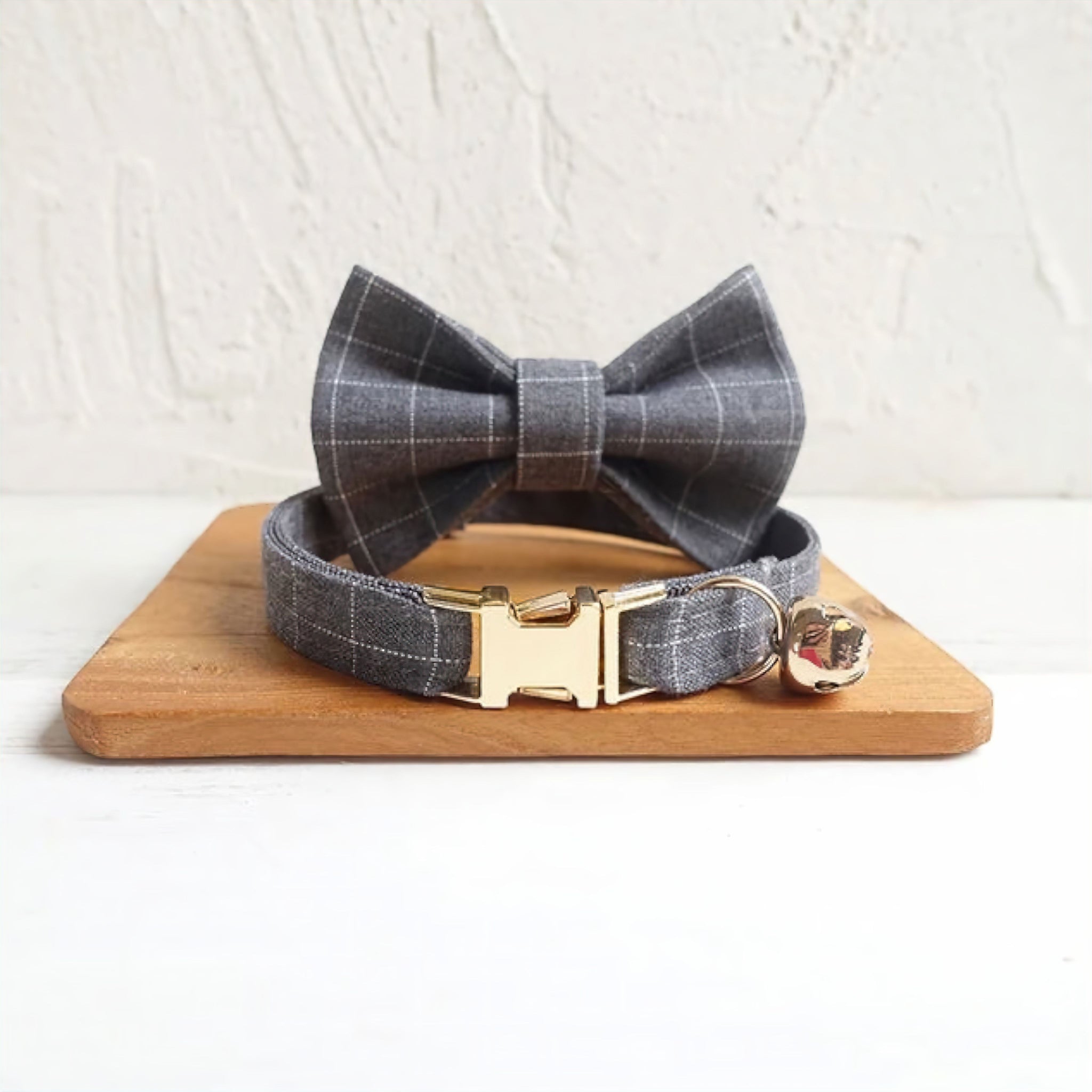 Plaid Cat Collar Collar Luxe Pet Store Grey + Bowtie S 