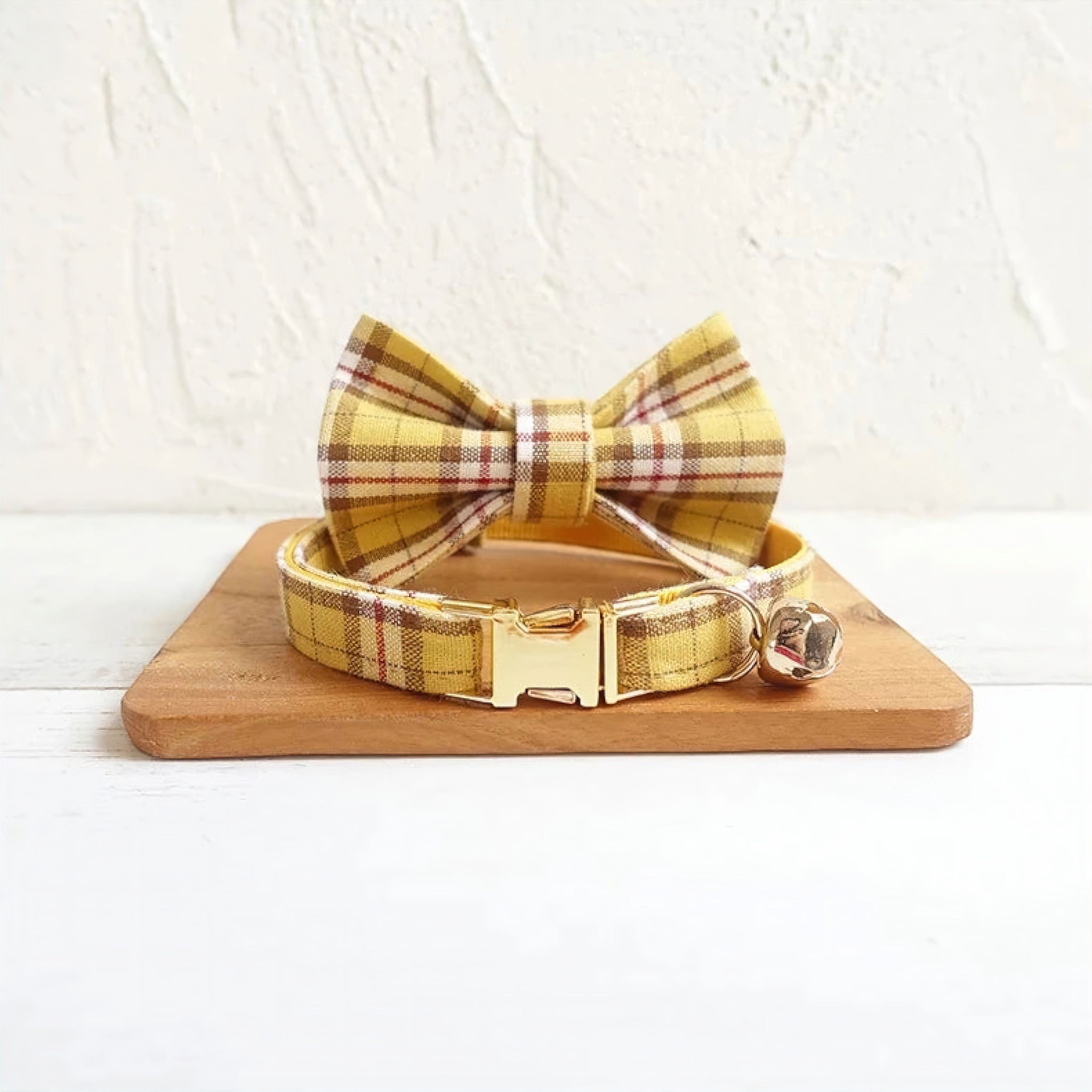 Plaid Cat Collar Collar Luxe Pet Store Yellow + Bowtie S 