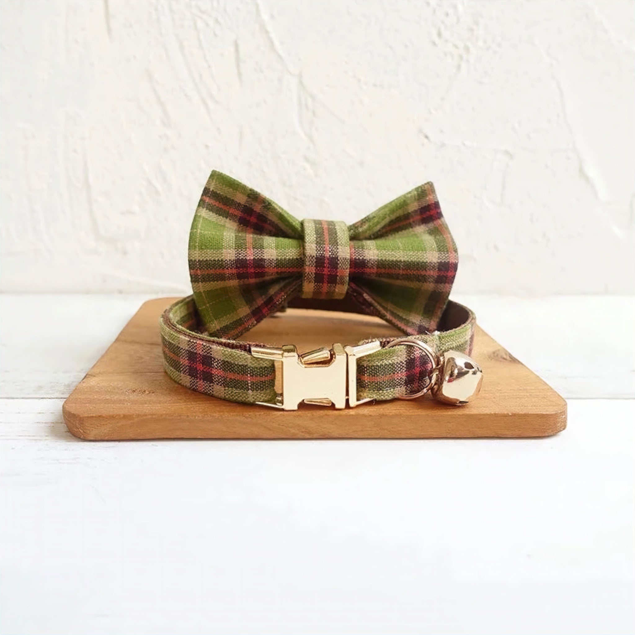 Plaid Cat Collar Collar Luxe Pet Store Green + Bowtie S 